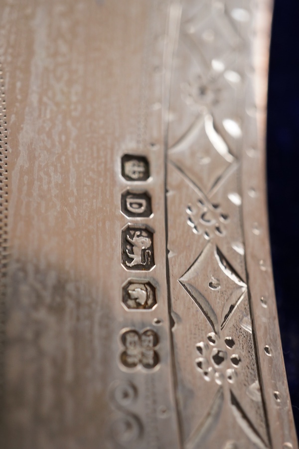 A cased pair of Victorian silver fish servers, with beaded handles, Martin, Hall & Co, Sheffield, 1871, knife 28.7cm.